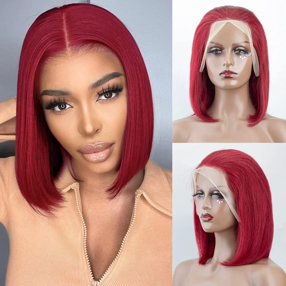 HUMAN HAIR Brazilian Burgundy Lace Frontal 13x4 Bob Wig PrePlucked Hairline 10” - Picture 1 of 12